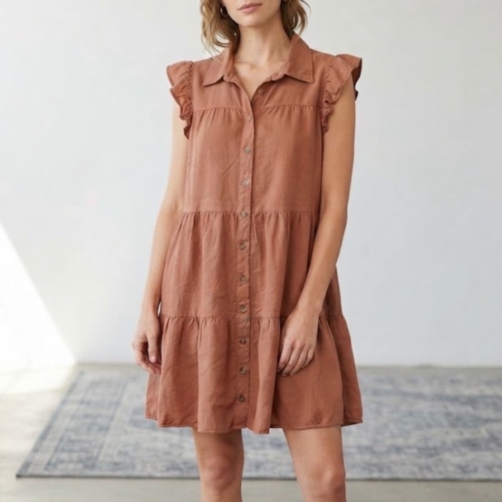 Lucky Brand Terracotta Ruffle Sleeve Tiered Mini Dress YS4W51912R Rust Small